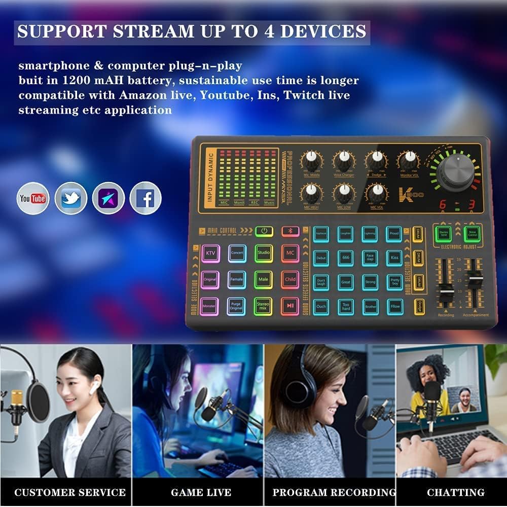 Sound Mixer Board, LED Light Voice Changer Sound Card with Multiple Sound Effects - Live Sound Card for Live Streaming, Audio Mixer for Music Recording Karaoke Singing Broadcast on Cell Phone Computer Pack of 2