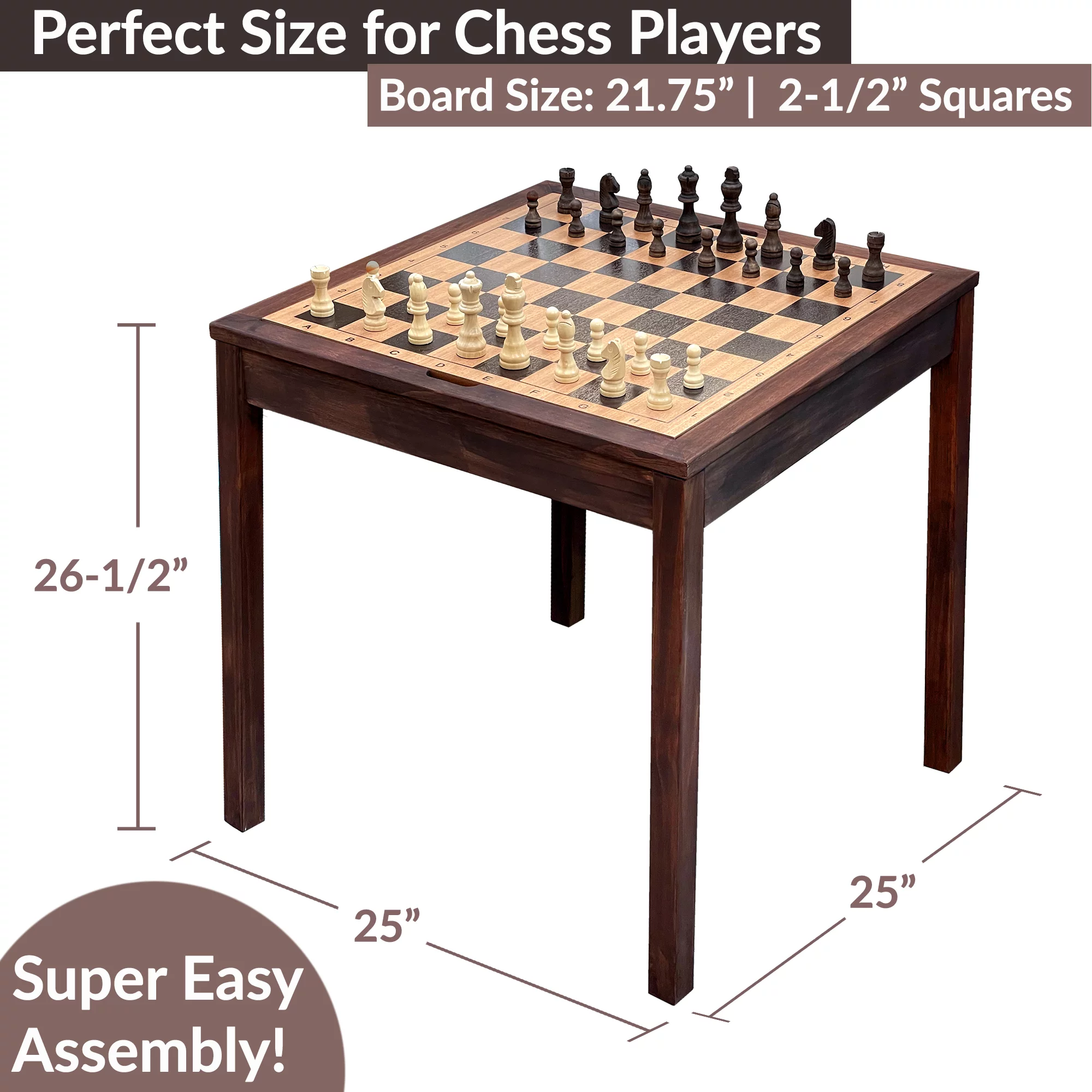 Sterling Games Wooden Chess Checkers and Backgammon 3 in 1 Combo Game Table Furniture Set, 25" x 25", 4" King