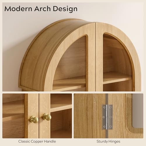 Large Arched Wall Cabinet, Bathroom Medicine Wall Mounted Cupboard, Modern Floating Storage Cabinet with Acrylic Door Adjustable Shelf, Wood Organizer (Natural Oak)