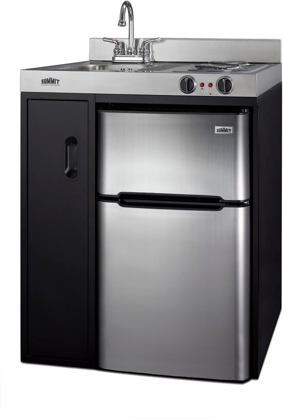 Summit Appliance C30ELBK 30" Wide All-in-One Kitchenette in Black with a 2-Burner 115V Coil Cooktop, 2-Door Refrigerator-Freezer, Sink, and Large Storage Cabinet
