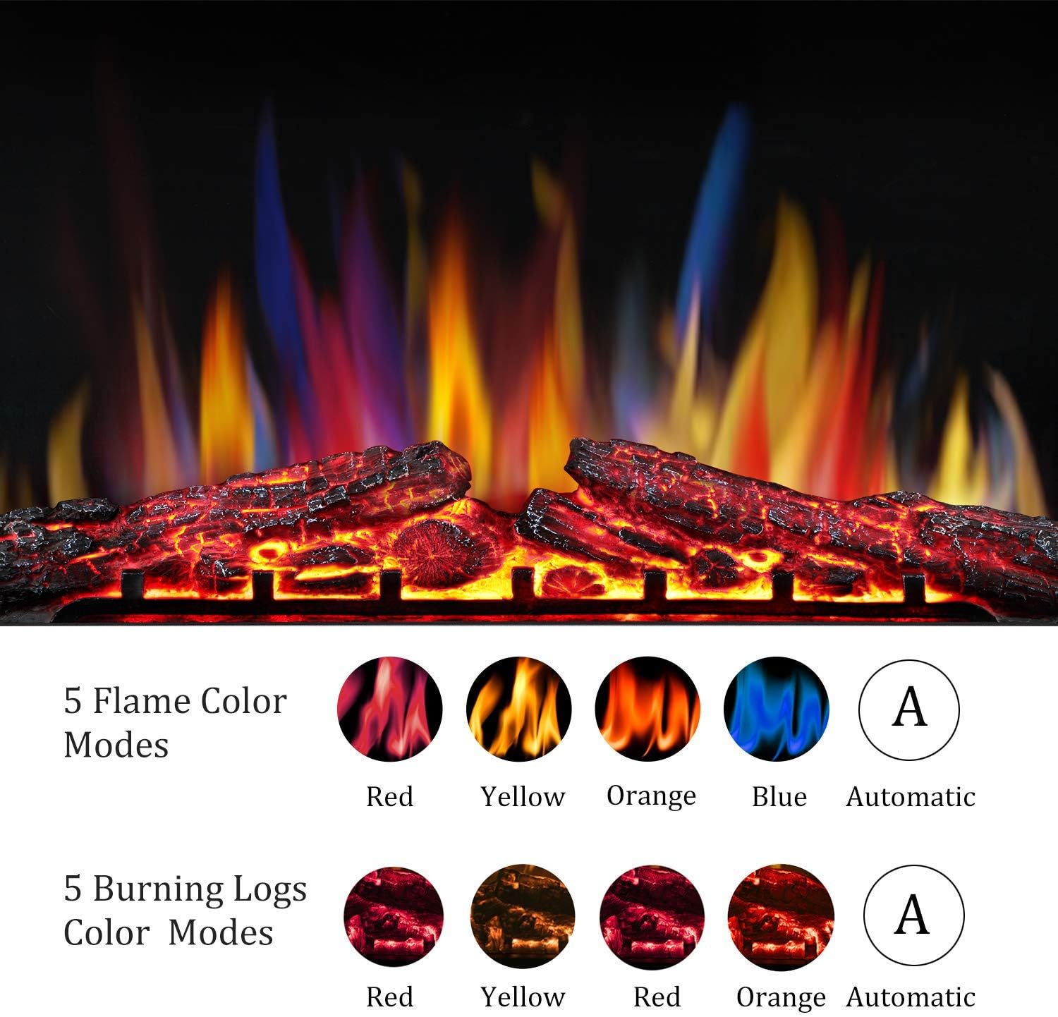 R.W.FLAME 32" Electric Fireplace Insert,Freestanding & Recessed Electric Stove Heater,Touch Screen,Remote Control,750W-1500W with Timer & Colorful Flame Option