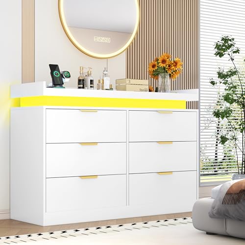 White Dresser with LED Lights, Wooden LED Dresser, 4 Drawer Chest with Charging Station, Tall Chest of Drawer Closet Organizer for Bedroom, Living Room, Entryway, Hallway