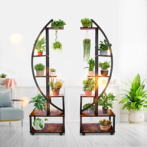 Seeutek 2 pcs 6 Tier Tall Metal Indoor Plant Stands with Hanging Loop,Half Moon Shaped Ladder Plant Shelf Holder,Multiple Plant Stand Flower Pot Rack for Home Decor Patio Lawn Garden