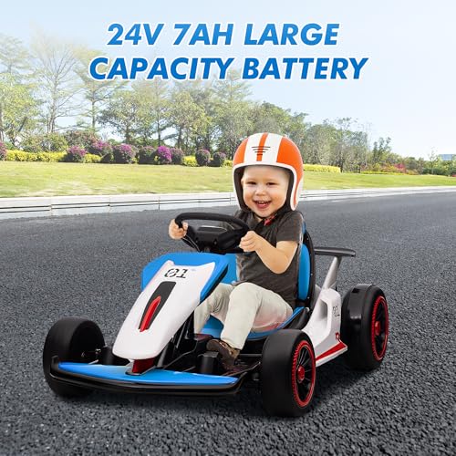 24V Electric Go Kart, Drifting Car Battery Powered Ride on Car with Powerful Motor for Kids 6-12 Years Old, Kids Go Kart with Slow Start, Music, Safety Belt,Max Load 110lbs for Boys and Girls