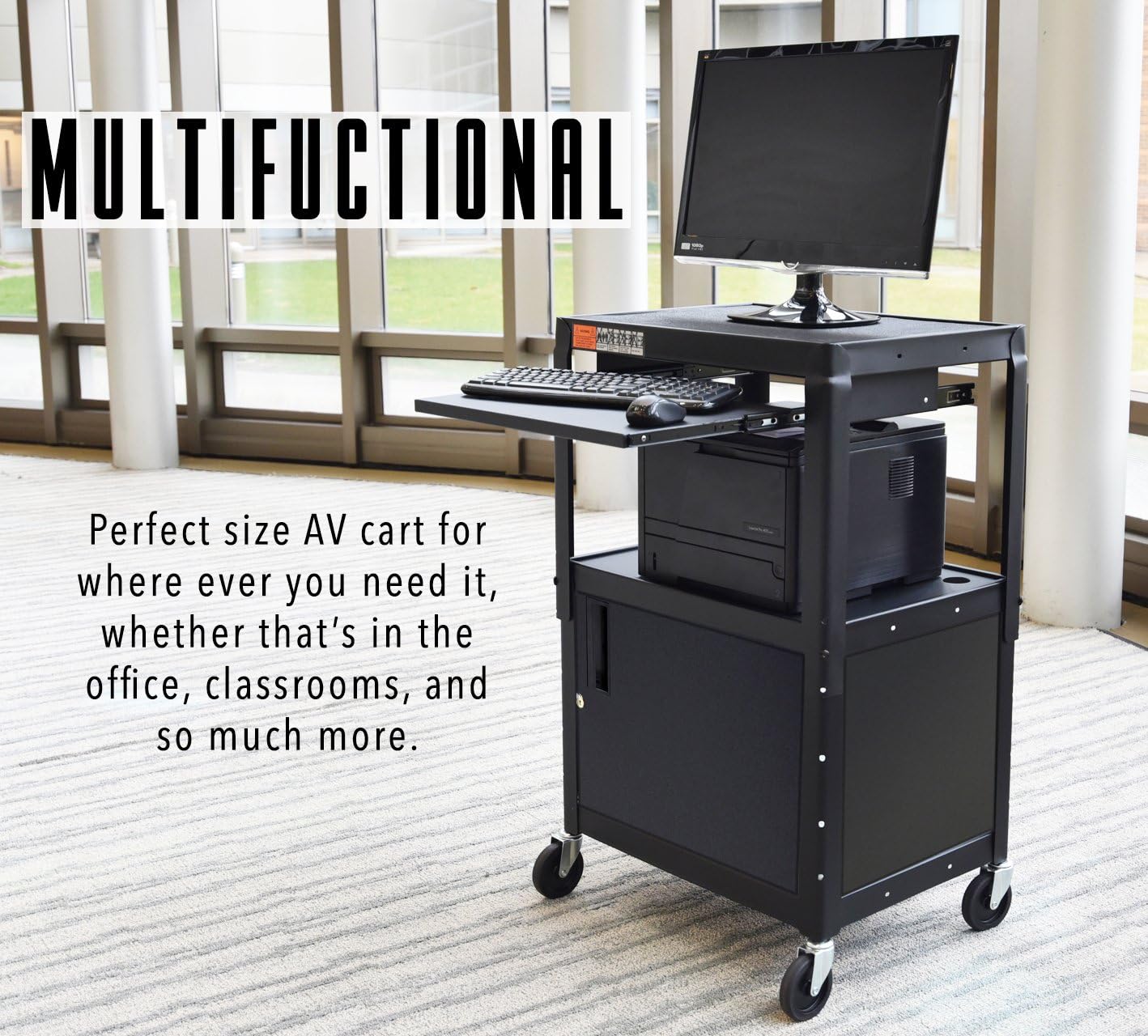 Line Leader Large AV Cart with Locking Cabinet | Height Adjustable Utility Cart | Includes Pullout Keyboard Tray & Cord Management | Easy Assembly (32in x 18in x 42in / Black)