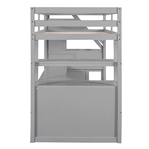 Full Size Loft Bed with Built-in L-Shaped Desk and Bookshelves, Solid Wood Loft Bed Frame with Safety Guardrail and Storage Staircase,Save Bedroom Space for Kids and Teens. (Grey~N)