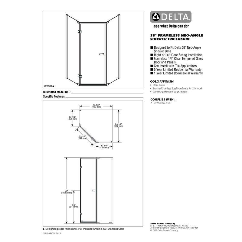 Delta 422061 Frameless Neo-Angle Shower Kit, Stainless