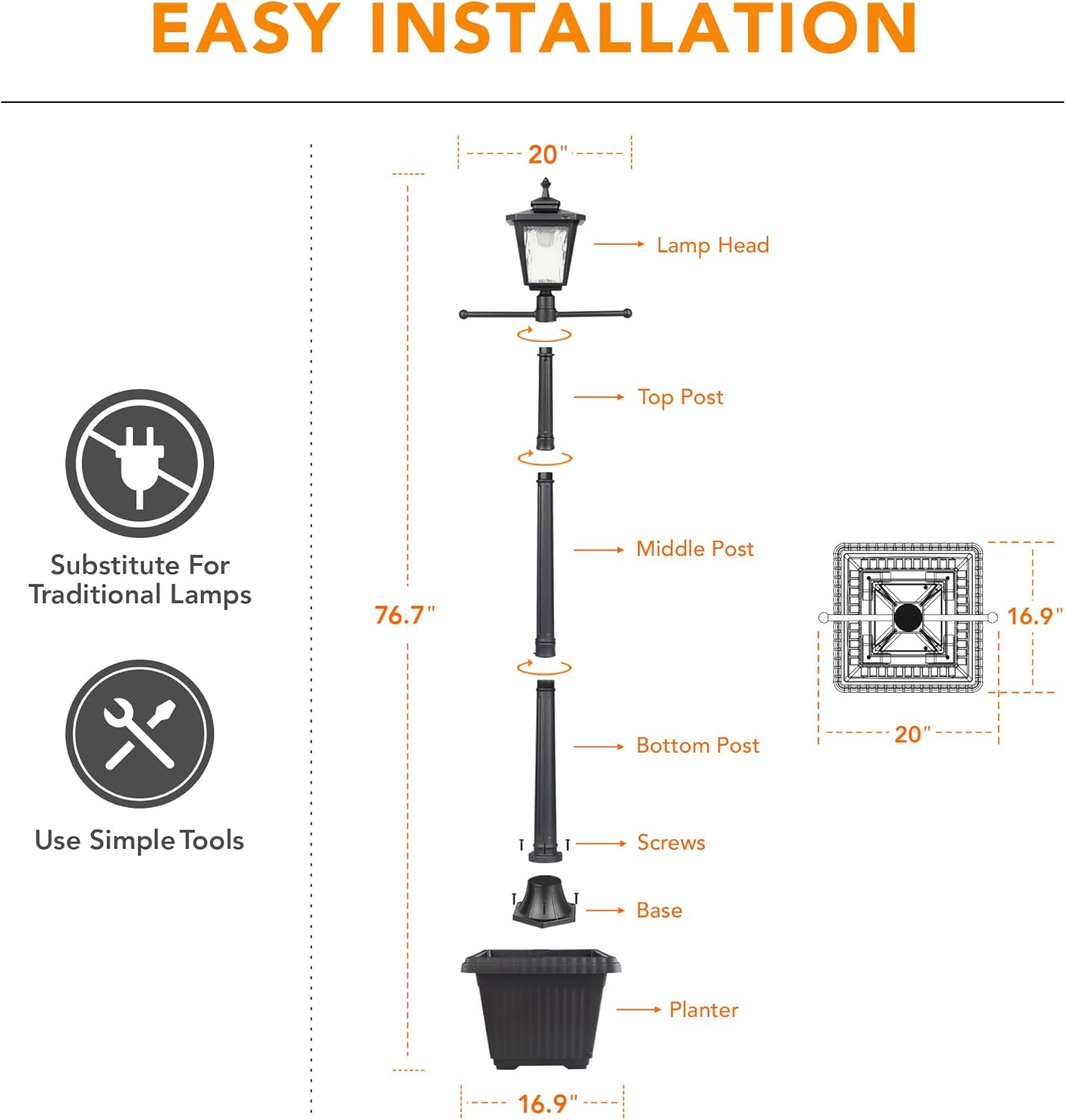 76" Height Solar Lamp Post Lights with Planter, Die-Casting Aluminum construction, Glass lampshade with warm white LED, Suitable for Yard, Driveway, Garden and Patio Decoration, Matte Black