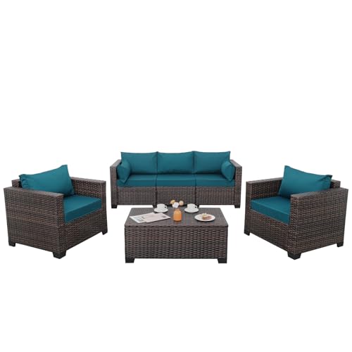 Valita Patio Rattan Furniture Set 4-Piece Outdoor PE Wicker Conversation Couch, Brown Sectional Sofa Couch with Storage Coffee Table Non-Slip and Washable Royal Blue Cushions