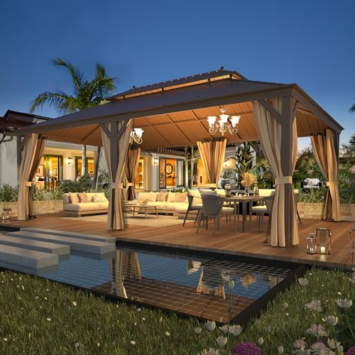 EROMMY 14'x20' Hardtop Gazebo Double Roof Galvanized Steel Canopy Outdoor Aluminum Frame Permanent Metal Pavilion with Netting and Curtains for Patio Backyard Deck and Lawns