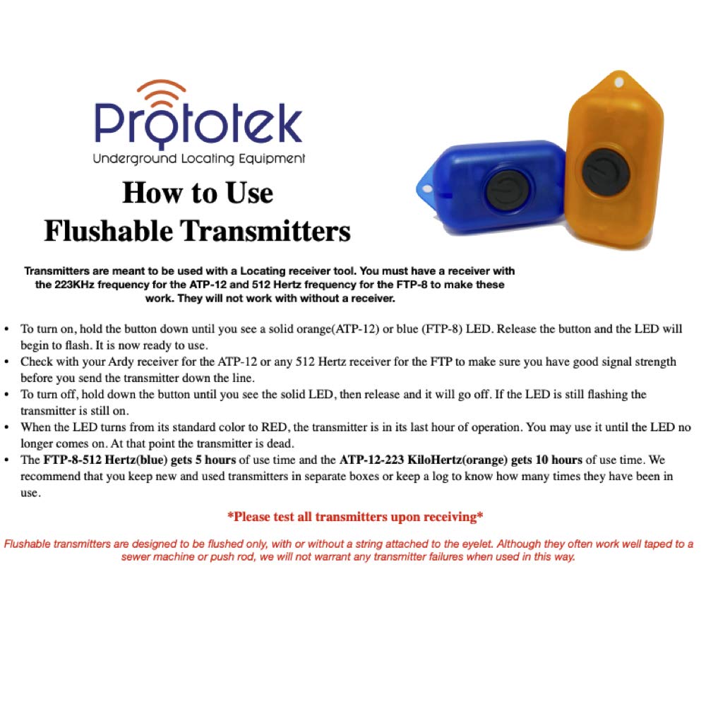 Prototek | FTP-8 | 512 Hertz Frequency Flushable Sonde | for use with 512 Hz Receiver to Locate cast Iron and Non Metallic Underground Pipes-Pack of 3