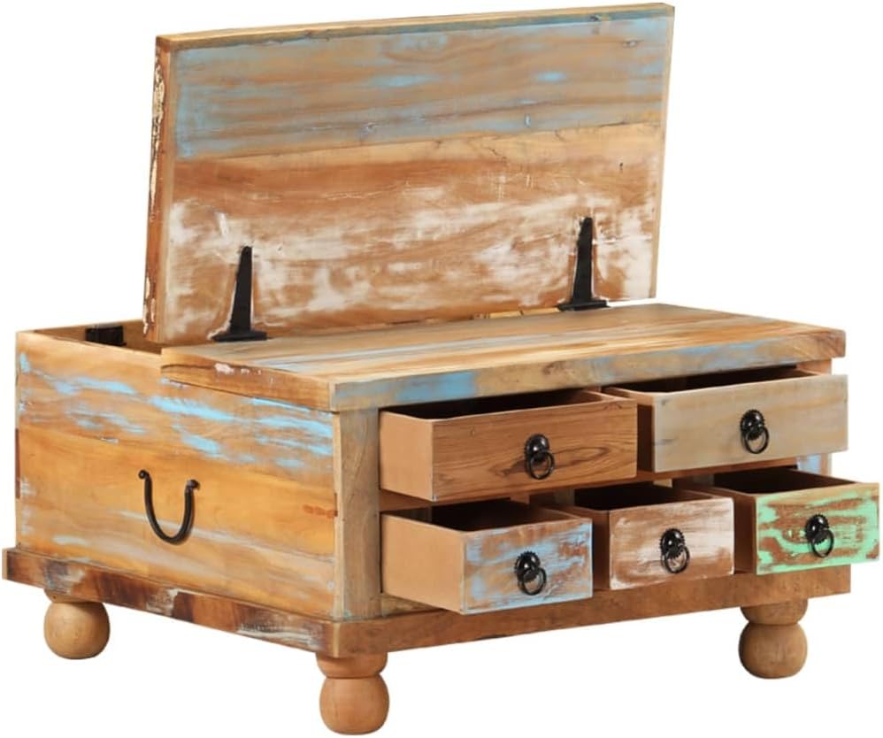 vidaXL Brown Multicolor Reclaimed Wood Coffee Table | Square Design with Large Storage Compartment | Equipped with 5 Drawers | Polished, Painted, Lacquered Finish | Ideal as End or Side Table