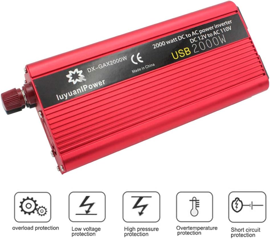 LVYUAN Power Inverter 1200W/2000W(Peak) DC to AC 12V to 110V Car Inverter DC 12V Inverter with 3.1A USB Car Adapter with Battery Clips