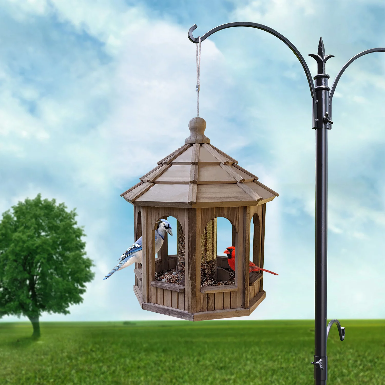 Deluxe Gazebo Bird Feeder, Solid Wood Wild Bird Feeder, Hanging Birdfeeder For Outdoors, 15 in Diameter