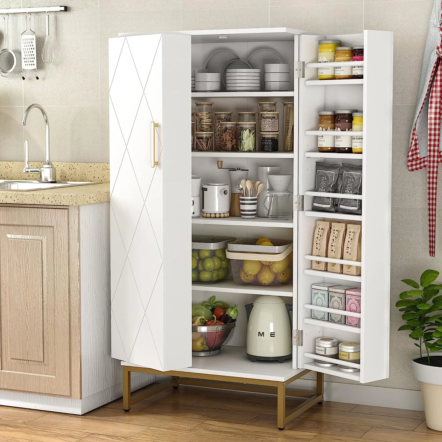 51” Pantry Cabinets, White Freestanding Kitchen Pantry Storage Cabinet with Adjustable Shelves, Buffet Cupboards Storage Cabinet for Home Office Use, White + Gold