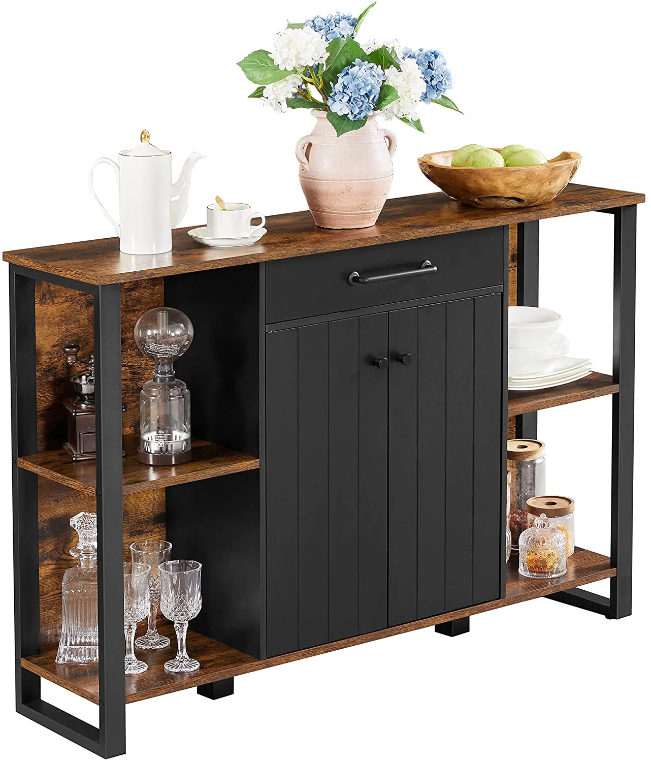 by SONGMICS Home Buffet Cabinet, Kitchen Sideboard, Storage Organizer with Drawer, Shelves, Door, for Living Room Hallway, 11.8 x 47.2 x 31.5 Inches, Rustic Brown and Black ULSC103B01