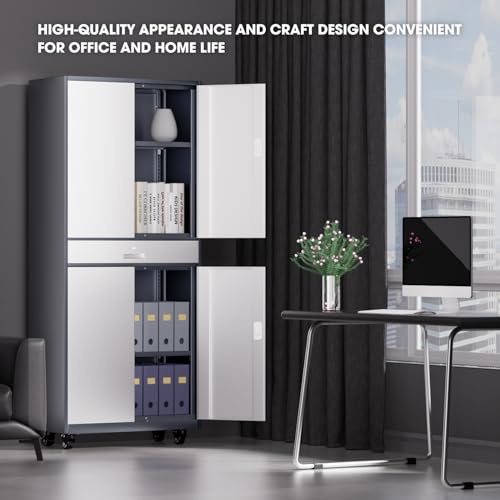 DNA MOTORING 71'' Metal Storage Cabinet, Locking Tool Cabinet with 1 Drawer and Adjustable Shelves, Lockable Heavy Duty Metal Locker for Garage,Office,Home,Gym, Gray, TOOLS-00629-GY-GY-A