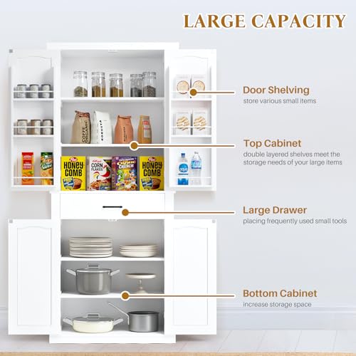 HollyHOME 72" Kitchen Pantry Cabinet, Storage Cabinet with 4 Doors and 1 Drawer, Freestanding Cupboard with Adjustable Shelves and 6 Door Shelves for Kitchen, Dining Room, Living Room, White