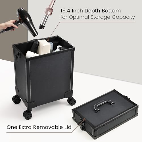 Costravio Rolling Makeup Case 5 IN 1 Cosmetology Case on Wheels Makeup Organizer Travel Case with Shoulder Strap for Makeup Artists Nail Tech School Salon Barber Makeup Trolley Cart Black Leather