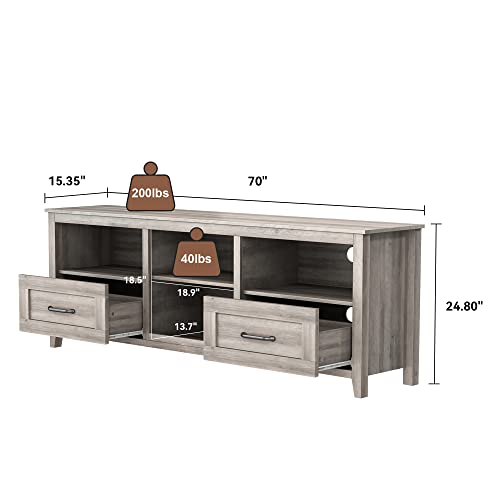 70" Farmhouse Style TV Stand with 2 Drawers and 4 Large Storage Compartments Wood Media Console Table Storage Cabinet for Bedroom, Living Room or Game Room (Old Pine)