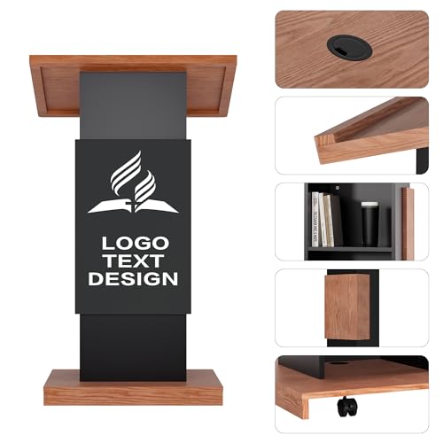 Customized Mobile Podium Stand-Personalized Logo& Text on Center Board, Portable Rolling Podium Business Wooden Lecture Podium Reception Desk Hostess Stand, Pulpit for Churches