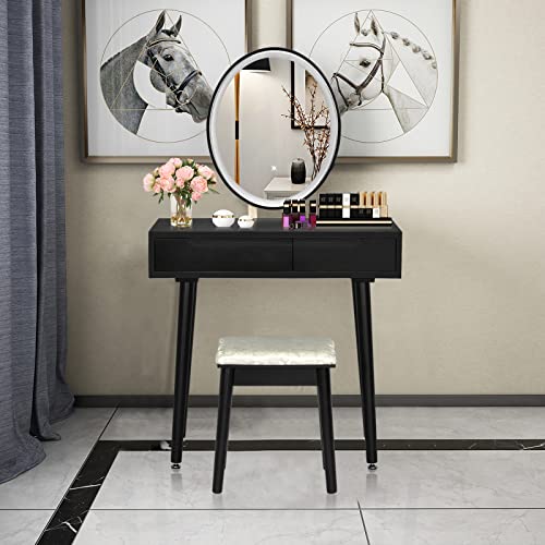 AUGESTER Vanity Set w/Screen Touch Mirror, Makeup Dressing Table w/ 3 Modes Adjustable Brightness Mirror, Cushioned Stool, 2 Sliding Drawers w/Divider, Modern Bedroom Vanity for Girls Women (White)