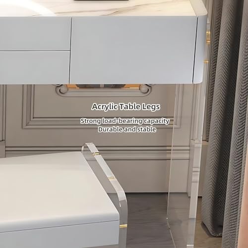 Acrylic Makeup Vanity - Solid Wood Vanity Desk with Smart LED Lights Mirror & Acrylic Chair, Luxury Bedroom Vanity Table Include 6 Drawers and Tempered Glass Desktop (White,31.5'')