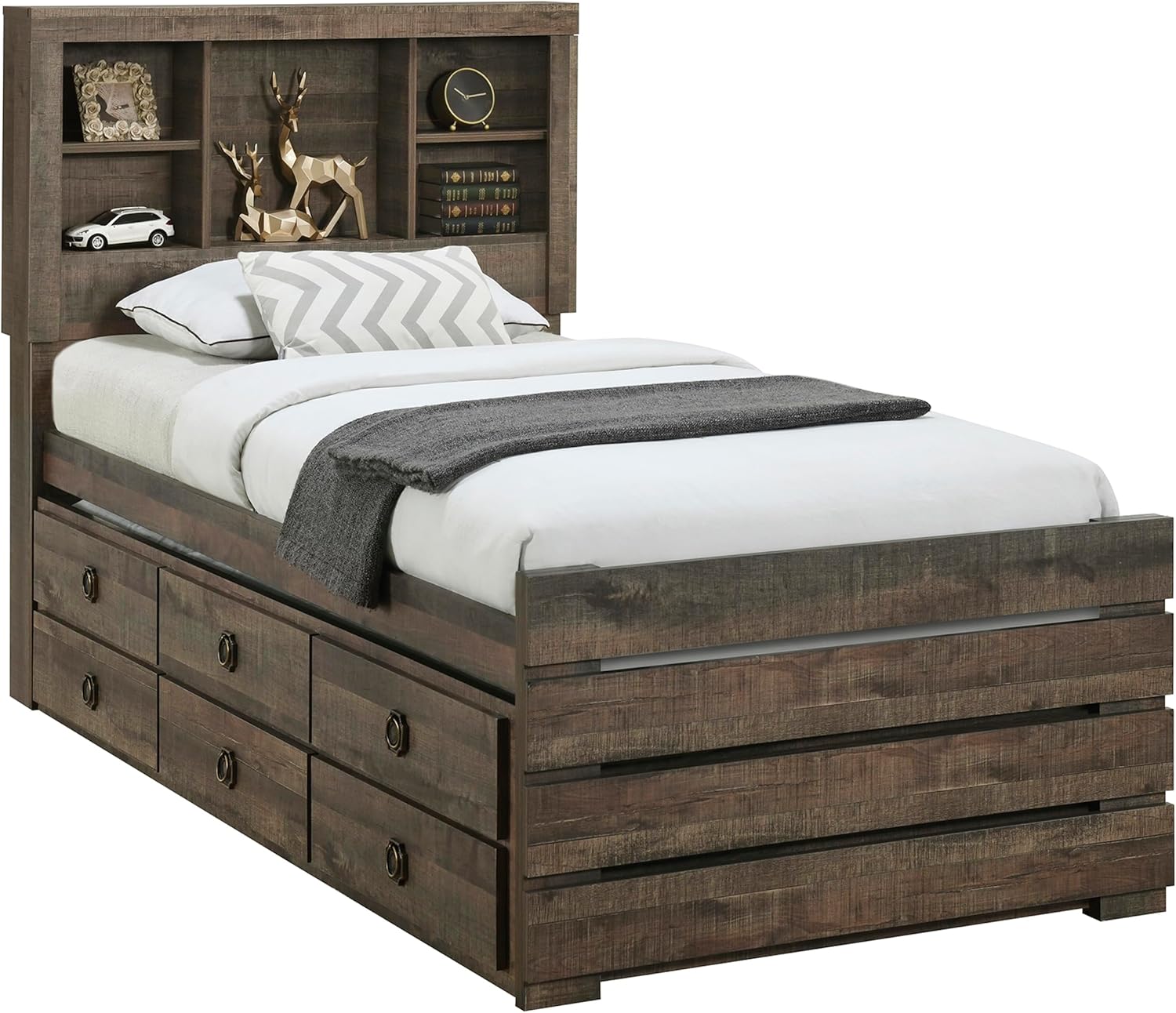 Farmhouse Style Twin Size Bookcase Captain Bed with Three Drawers and Trundle, Rustic Brown