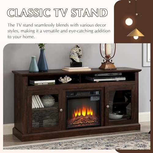 Farmhouse Fireplace TV Stand for TVs Up to 65'', Rustic Entertainment Center with 18" Electric Fireplace, Wood Media Console Cabinet for Living Room, (Brown, 65 Inch Fireplace TV Stand)