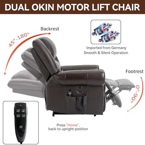 Dual Motor Power Lift Chair, Lay Flat Recliner Chair, Electric Recliner with Massage and Heat for Elderly, Remote Control, Infinite Position, Standing Assistance, USB Ports, Faux Leather, Brown