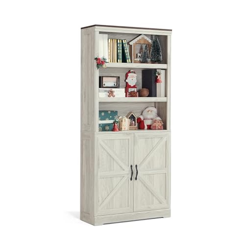 LINSY HOME Bookcases with Doors, Farmhouse Storage Cabinet 69 in Tall 5-Shelf Bookcase, Floor Standing Display Bookshelves with Adjustable Shelves for Living Room, Bedroom, Kitchen, Black