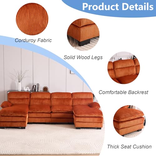 110" Sectional Sofa Cloud Couch for Living Room, Modern Corduroy U Shaped Couch, Comfy Modular Sofa Sleeper with Double Chaise & Memory Foam for Living Room Apartment（White）