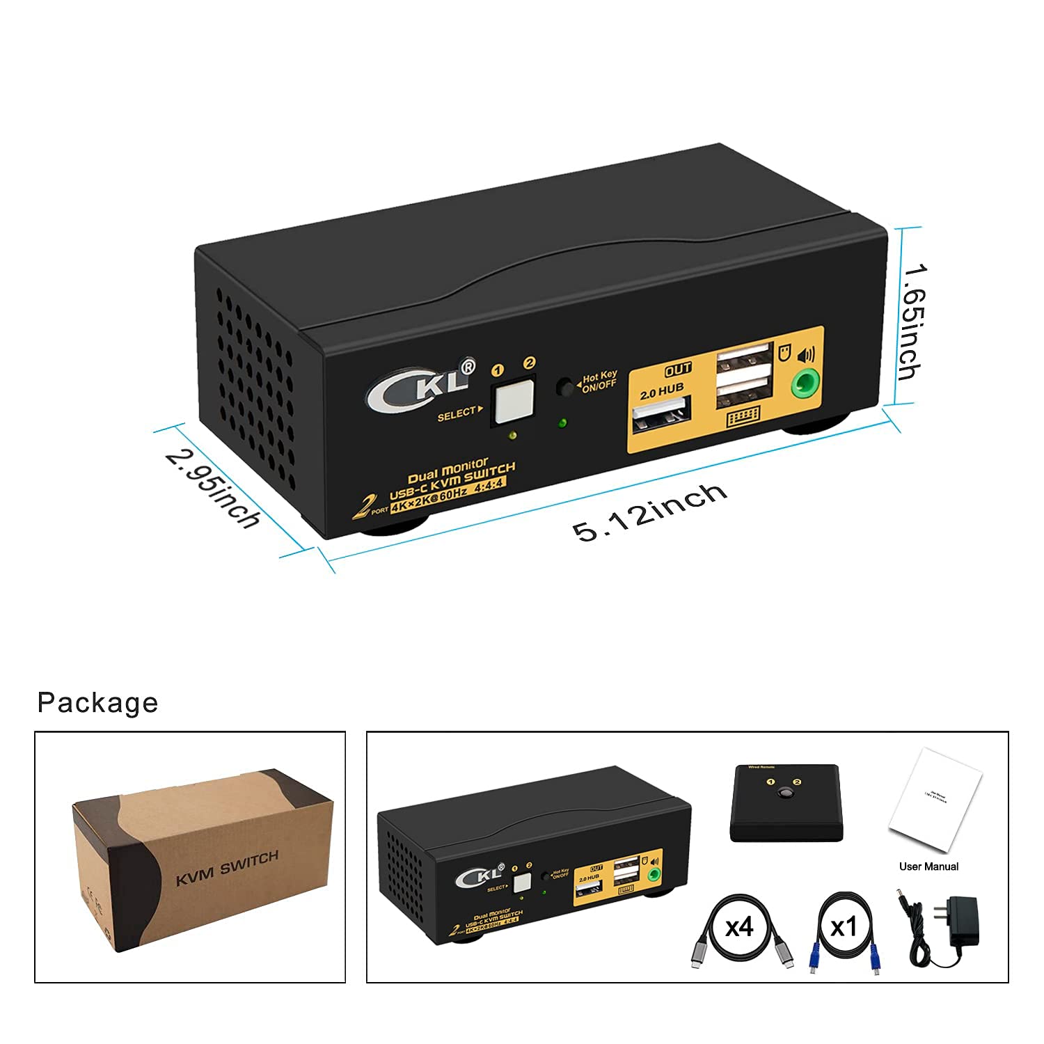 CKL 2x2 Matrix HDMI KVM Switch Dual Monitor USB 3.0 4K 60Hz, PC Monitor Keyboard Mouse Peripherals Sharing Box with Cables for 2 Computers or Laptops