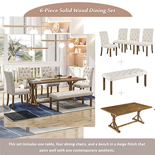 6-Piece Farmhouse Dining Table Set, 72" Wood Rectangular Table, 4 Upholstered Chairs with High Back and a Bench for Living, Guest Room, Home Bar and Kitchen (Gray)