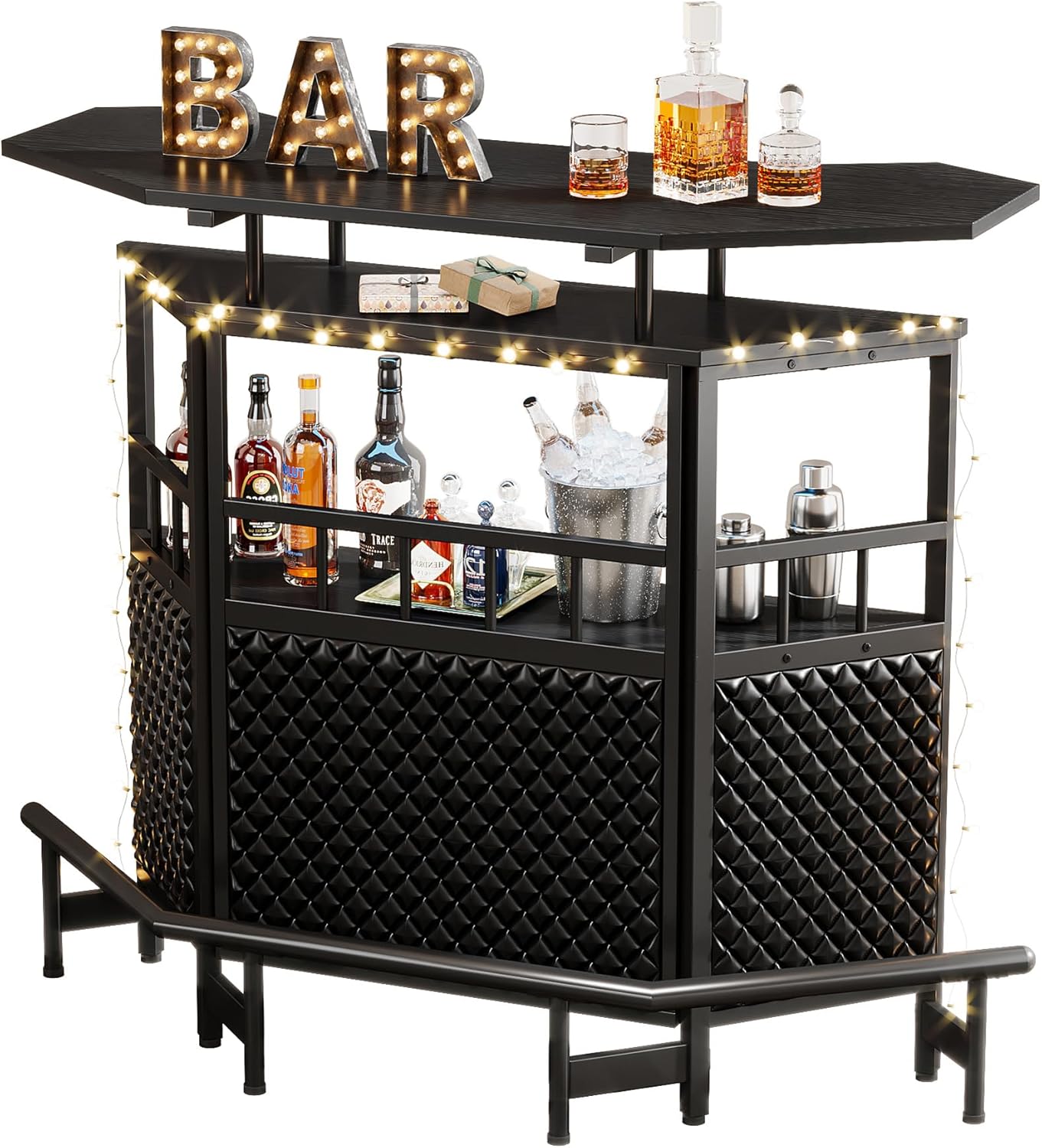 Bar Unit for Liquor, 4 Tier Home Bar Cabinet with Stemware Rack, Storage Shelf and Footrest, 47.24" L x 20.86" W x 43.3" H, Black