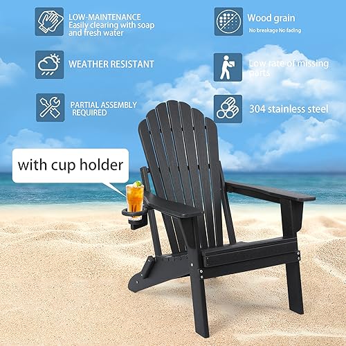 Folding Adirondack Chair,SGS Tested,Wooden Textured with Cup Holder,Widened Heavy All-Weather HDPE Comfortable Seating for Ourdoor Teak