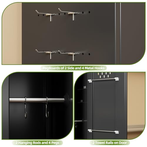 Aobabo 71" H×34" W×18" D Garage Metal Storage Cabinet with Wheels, Locking Steel Storage Cabinet with 5 Shelves and 4 Hooks, for Home Office, School, Assembly Required, Black Silver