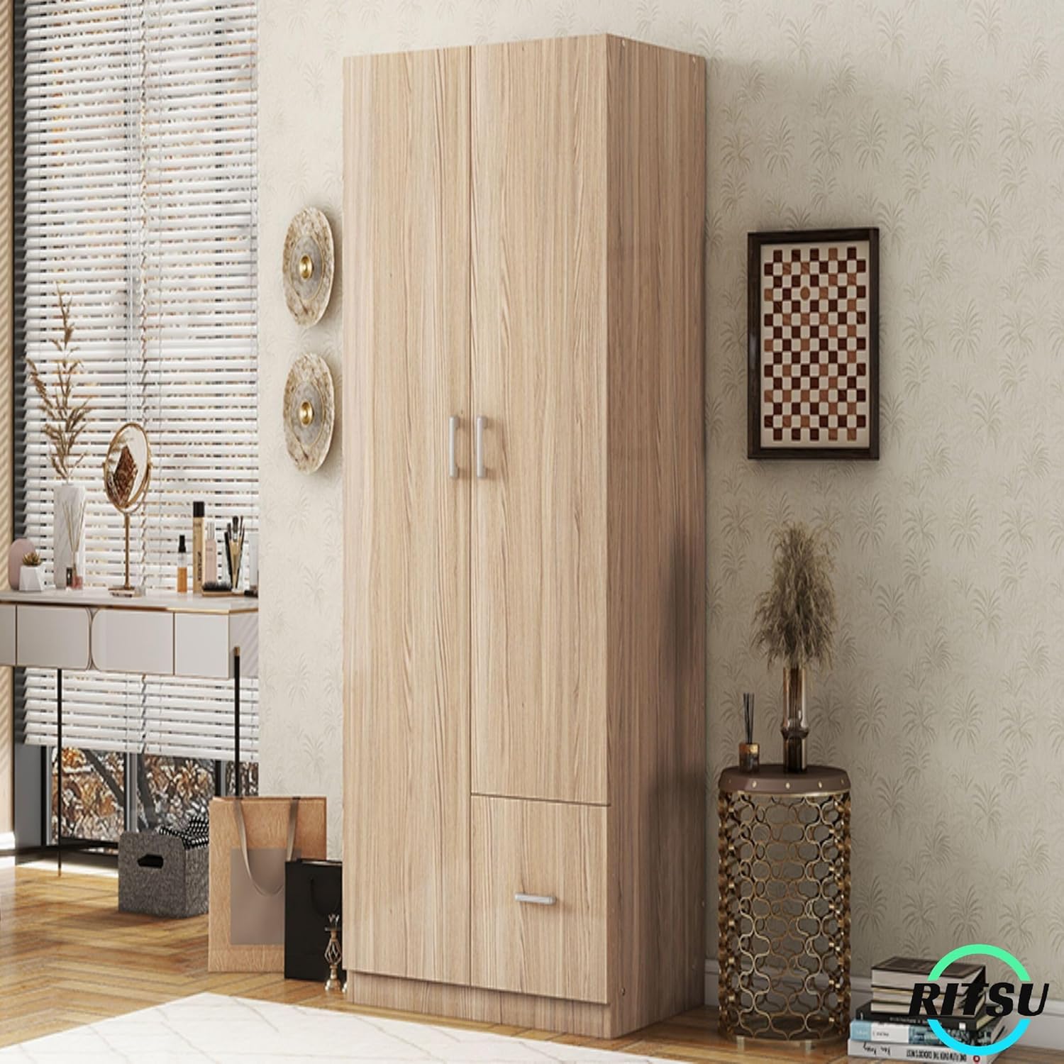 RITSU Armoire Wardrobe 2 Doors, Freestanding Clothes Cabinet w/ 1 Drawer, 5 Open Shelves and Hanging Rod, Versatile Wooden Storage Closets Organization for Bedroom, Natural, 31.5 Inch
