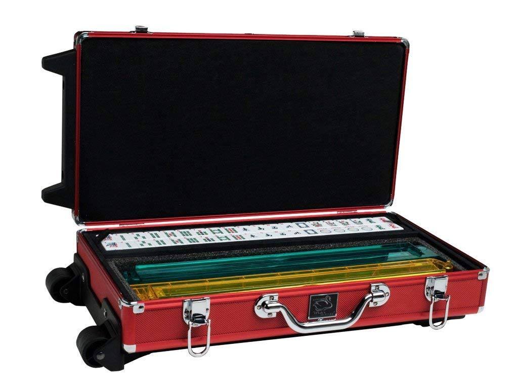White Swan mAh Jongg Set Wheeled Aluminum Case White Tiles Pusher Arms American Mahjong Game Red