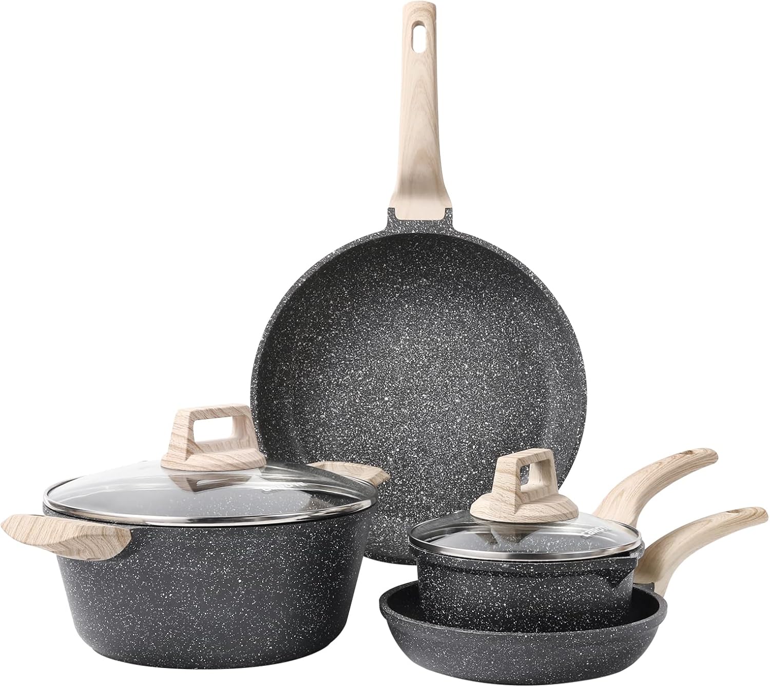 Carote Nonstick Cookware Set,10 Pcs Nonstick Cookware Set Pan and Pot, Essential Woody, Classic Granite