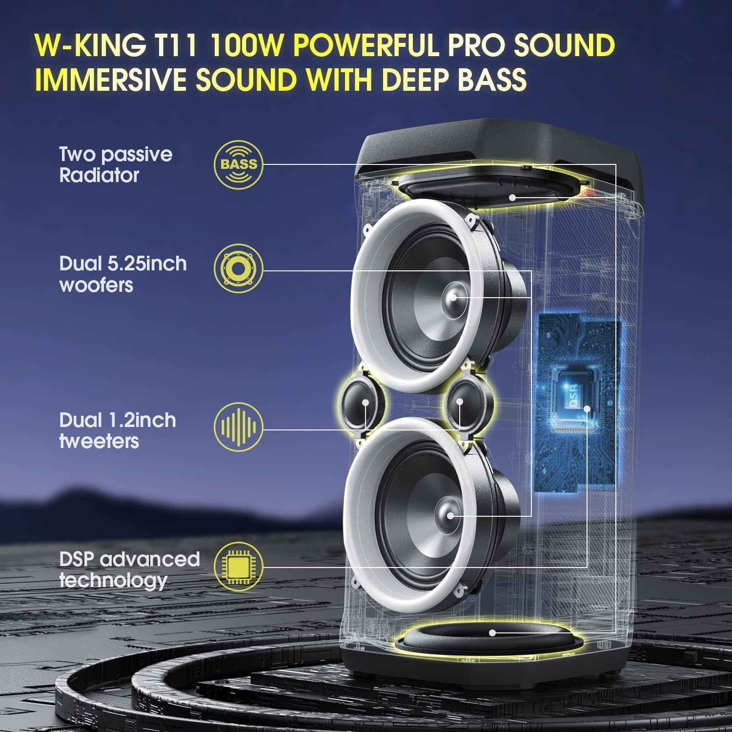 W-KING 220W Peak 100W RMS Bluetooth Speakers, IPX6 Waterproof, V5.3 Portable Party Boombox Speaker Wireless Deep Bass/115dB Loud Massive Sound,Karaoke Outdoor LED Lights/Mic & Guitar Port/Echo/USB/EQ
