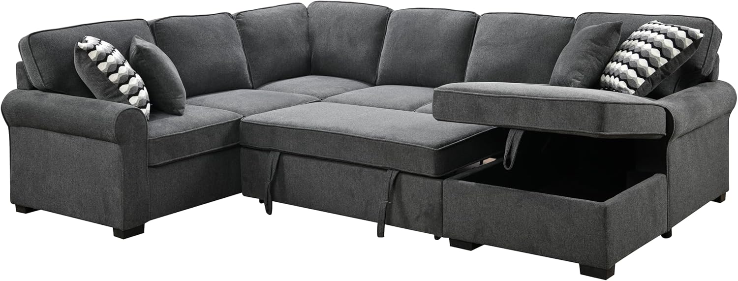Ball & Cast 117" Sofa Bed with Storage Chaise,U Shaped Corner Convertible Sleeper Sectional Couch W/ 4 Throw Pillows & Removable Backrest Cushions,for Living Room,Apartment,Dark Gray