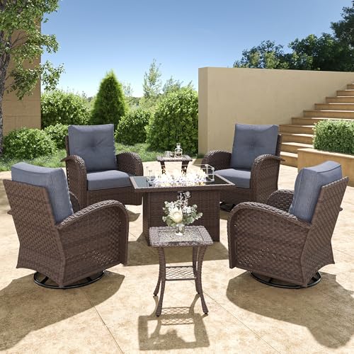 5 Pieces Wicker Patio Furniture Set, Luxury Outdoor Conversation Set with High Back Swivel Rocker Chairs