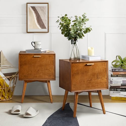 HULALA HOME Nightstand with Charging Station, Mid-Century Modern Nightstands, Wood Night Stand with USB Ports and Outlets for Bedroom, Acorn