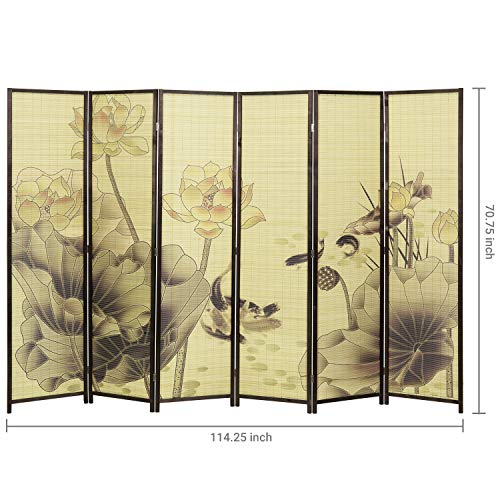 MyGift 4-Panel Folding Bamboo Room Divider Asian-Inspired Cherry Blossom Scene, 6 FT Freestanding Floral Artwork Room Partitioner with Beige Wood Frame