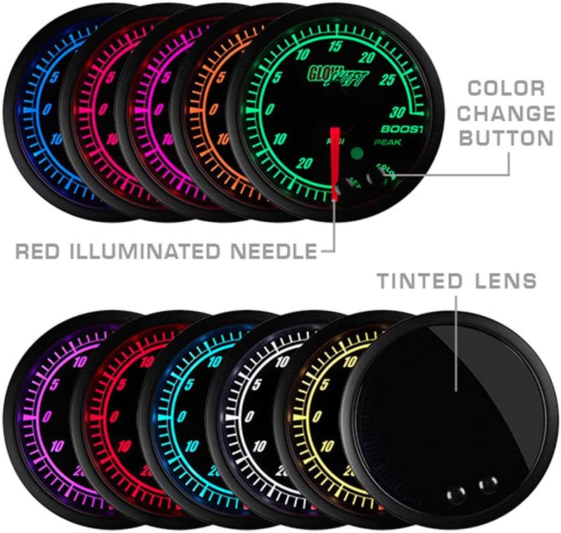GlowShift Elite 10 Color 30 PSI Boost/Vacuum Gauge Kit - Includes Electronic Pressure Sensor - Black Dial - Tinted Lens - Peak Recall Function - for Car & Truck - 2-1/16" 52mm