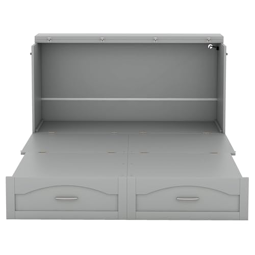 Convertible Murphy Bed 2-In-1 Wall Bed Solid Wood Murphy Cube Bed w/Drawer&Sockets/USB Ports for Teen Adult, Folding Storage Chest Bed Platform Bed Frame w/Headboard for Home Office Dorm (Queen,Grey)