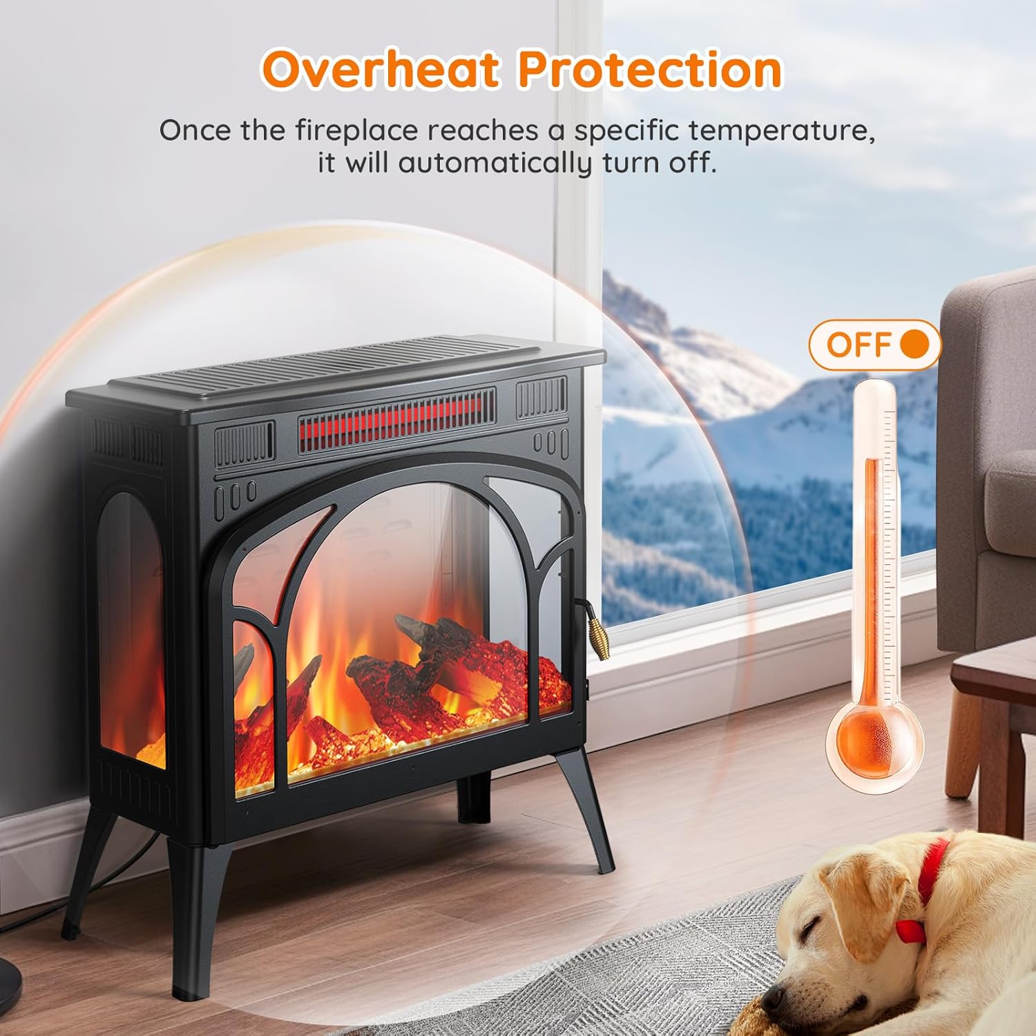 Rintuf Electric Fireplace Heater, 1500W Infrared Fireplace Stove Heater with 3D Flame Effect, 8H Timer, Space Heater Fireplace with Remote, Safety Protection, Freestanding for Indoor Use Large Room