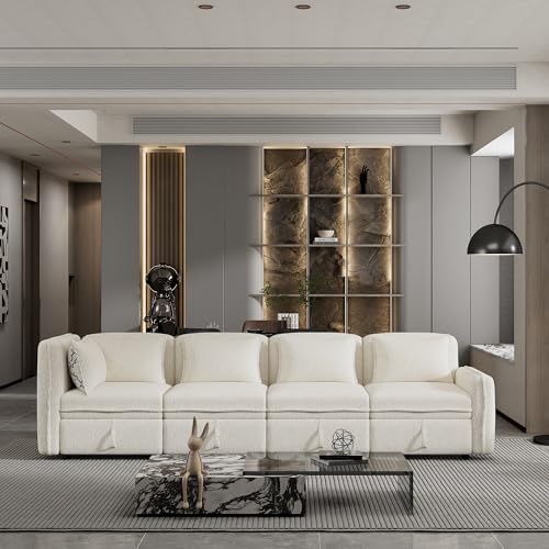 Convertible Modular Sectional Sofa with Storage, 122.8" Modern Chenille Fabric Couch Minimalist Sofa with 5 Pillows for Living Room, Office, Apartment, Space Saving, Free Combination, Cream