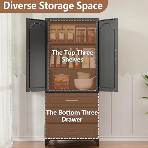Metal Storage Cabinet with Doors and Shelves, 71 Inch Tall Kitchen Pantry Cabinet, Pantry Cabinets for Kitchen Storage, Freestanding Cupboard for Living, Dining Room, White, Assembly Required
